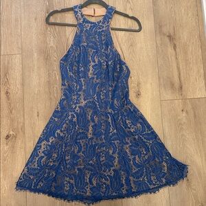 Dress the Population Blue Lace Halter Dress with Nude Lining